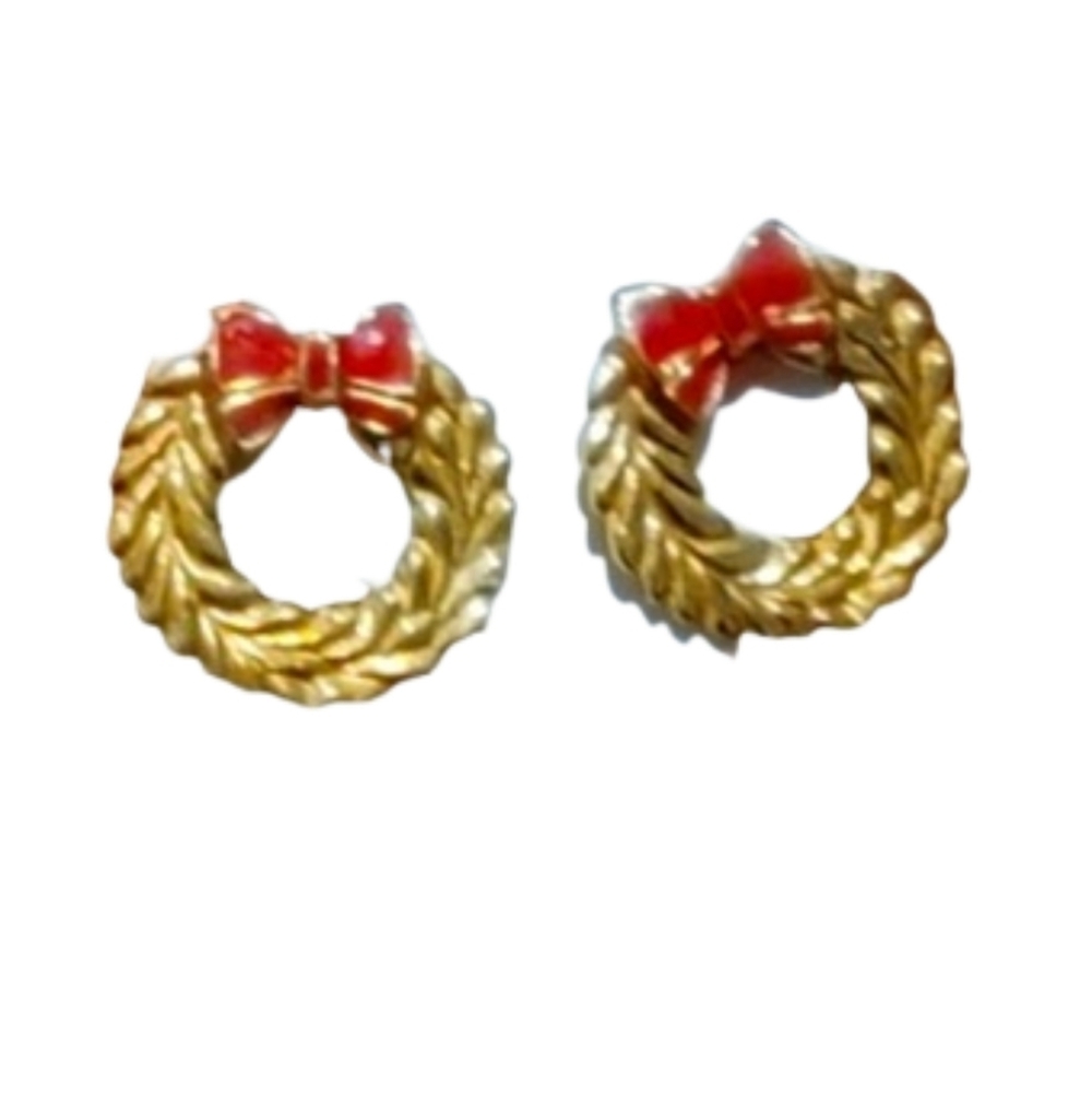 Vintage Goldtone Holiday Wreath Stud Earrings red bow gift Christmas holidays